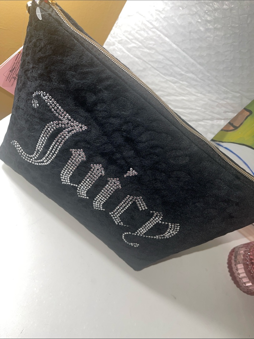 Juicy Couture Black Velvet Rhinestone Cosmetic Pouch